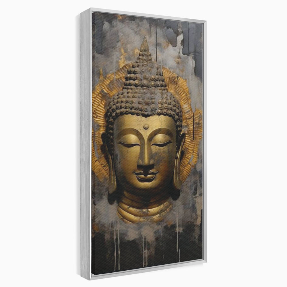 Tablou canvas cu tablou canvas cu capul lui buddha, in rama de aluminiu argintiu